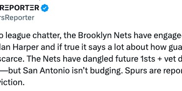 马刺记者：篮网愿用多个首轮签+球员交易榜眼签，马刺不为所动